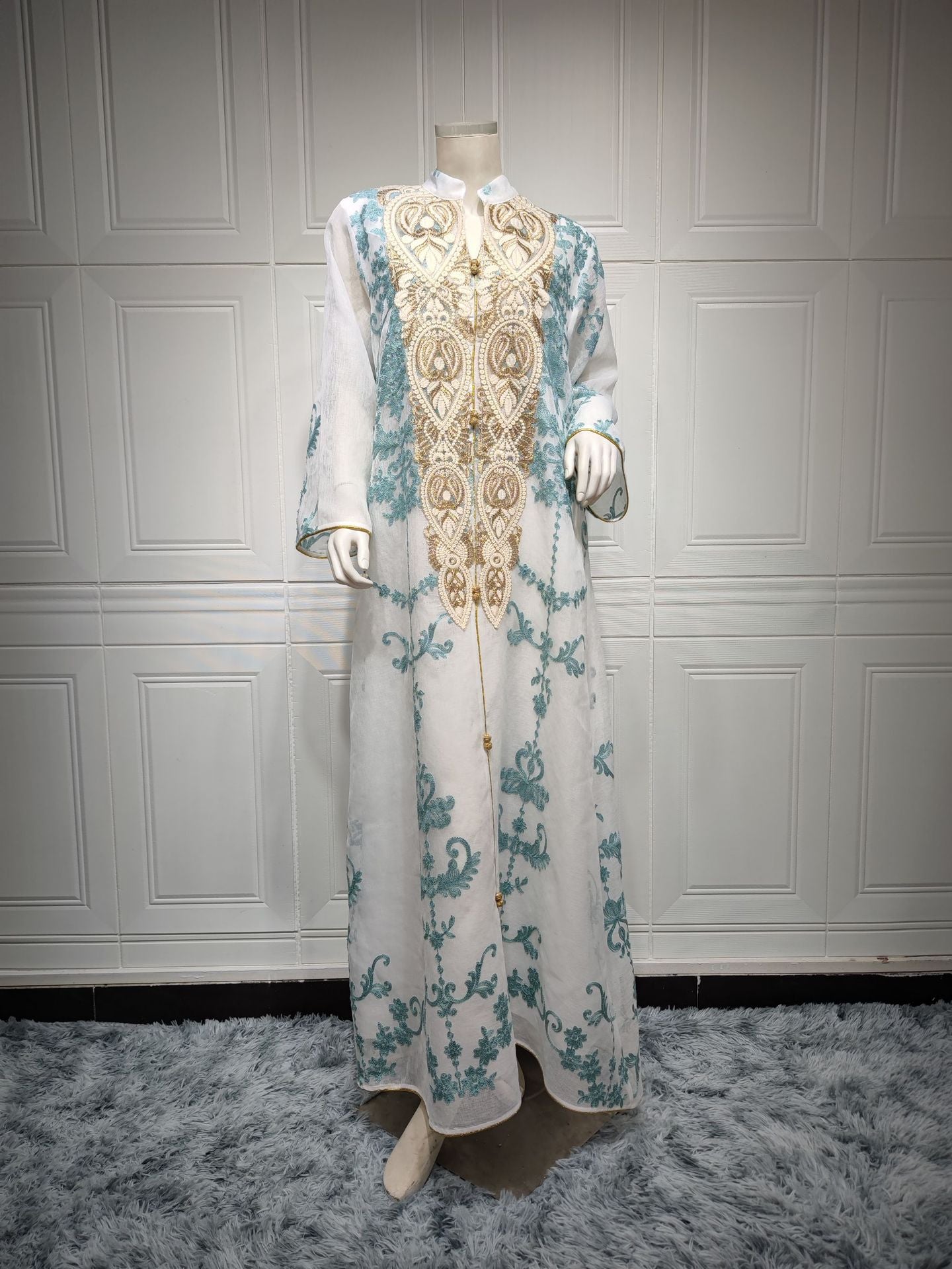 Muslim Evening Dress Mesh Embroidery Appliquéd Robe Abaya