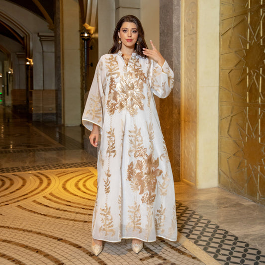 Cross-Border Golden Sequin Embroidered Yarn Women Jalabiya Dubai Arabaya