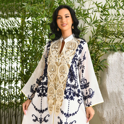 Muslim Evening Dress Mesh Embroidery Appliquéd Robe Abaya