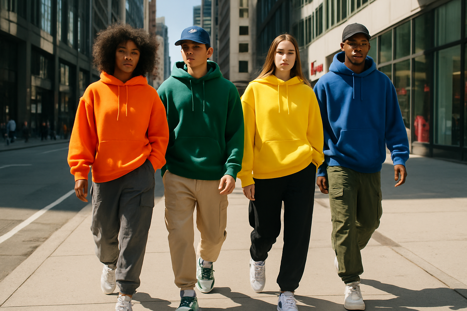 Bright urban streetwear photo (models walking city streets in daylight).

Family shopping lifestyle photo in a mall or outdoors (lots of light).

Minimal runway vibe with a clean white/neutral background.

Overlay (optional for better readability):
👉 Use a light overlay: white or off-white at ~65% opacity. This softens the image but keeps it visible while making your black text stand out.